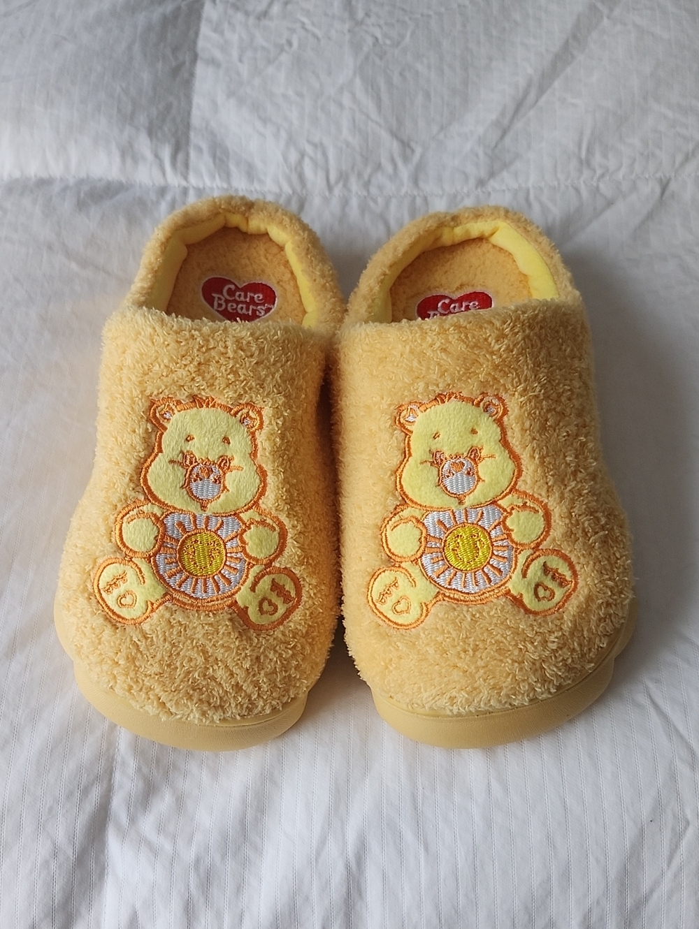 Care Bears Plush Yellow Slip-On Slippers with Embroidered Bear